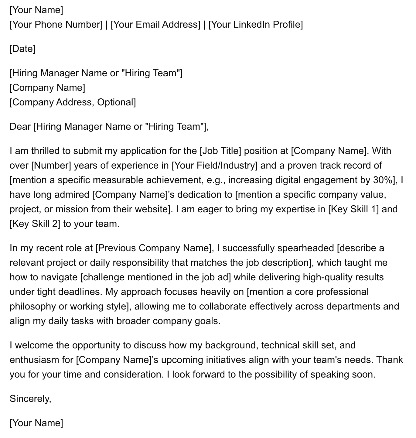 A generic cover letter template full of placeholders